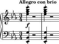 
{
\new PianoStaff <<
\new Staff << \relative c'' {
\clef treble
\key ees \major
\time 3/4
\tempo "Allegro con brio" \tempo 2 = 80
<ees g bes ees>4-.(_\f r2 q4-. r2 \bar "" } >>
\new Staff << \relative c {
\clef bass
\key ees \major
\time 3/4
<ees, bes' g'>4-. r2 q4-. r2 \bar "" } >>
>>
}
