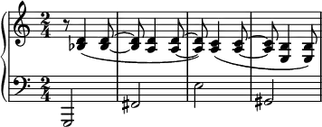  { \new PianoStaff << \new Staff \relative c' { \clef treble \time 2/4 r8 <d bes>4( <d bes>8~ | <d bes> <d a>4 <d a>8~ | <d a>) <c a>4( <c a>8~ | <c a> <b e,>4 <b e,>8) } \new Staff \relative c { \clef bass \time 2/4 g,2( | fis' | e' | gis, } >> } 