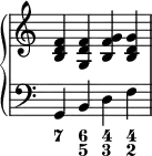 
    {
     \override Score.TimeSignature #'stencil = ##f
      \new PianoStaff <<
        \new Staff <<
            \relative c' {
                \clef treble \time 4/4
                <b d f>4 <g d' f> <b f' g > <b d g>
                }
            >>
        \new Staff <<
           \relative c {
                \clef bass \time 4/4
                g4 b d f
                }
  \figures {
    <7>4 <6 5> <4 3> <4 2>
  }
            >>
    >> }
