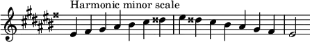  {
\override Score.TimeSignature #'stencil = ##f
\relative c' {
  \clef treble \key eis \minor \time 7/4
  eis4^\markup "Harmonic minor scale" fisis gis ais bis cis disis eis disis cis bis ais gis fisis eis2
} }
