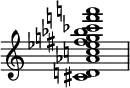  {
\override Score.TimeSignature #'stencil = ##f
\relative c' { 
  \clef treble \time 4/4
  <cis d! aes' c! es fis g! bes ces f! a!>1
} }
