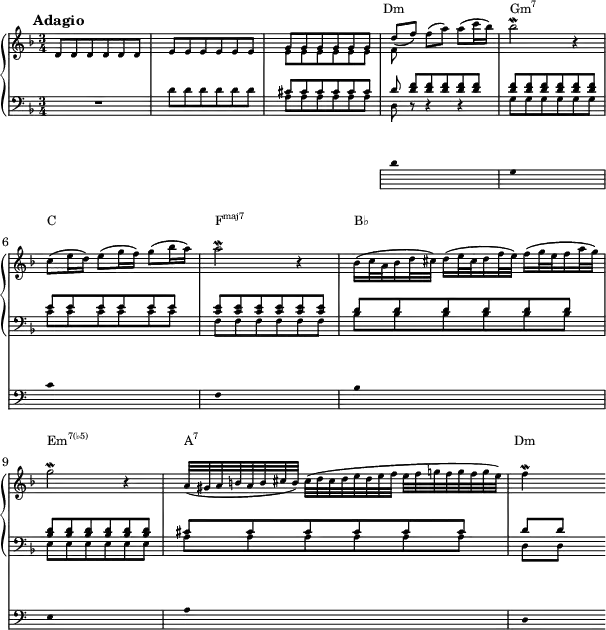  { <<
 \new PianoStaff <<
  \new Staff = "chords" \with{ \magnifyStaff #2/3 } << 
   \new Voice \relative c' { 
   \key f \major \clef treble \set Score.tempoHideNote = ##t \tempo 4 = 40 \time 3/4
   \mark \markup { \abs-fontsize #10 { \bold { Adagio } } }
   d8 d d d d d | e e e e e e | g g g g g g | \stemUp d'( f) \stemNeutral f( a) a( c16 bes) | bes2 \mordent r4 | \break
   c,8( e16 d) e8( g16 f) g8( bes16 a) | a2 \mordent r4 | bes,16( c32 a bes16 d32 cis) d16( e32 cis d16 f32 e) f16( g32 e f16 a32 g) | \break
   g2 \mordent r4 | a,32( gis a b a b cis b) cis( d cis d e d e f e f g! f g f g e) | f4 \mordent s4
  }
   \new Voice \relative c' { 
   s2. | s | \stemDown e8 e e e e e | f8 
  }
  \new Staff \with{ \magnifyStaff #2/3 } <<  
   \new Voice \relative c' { 
   \key f \major \clef bass \time 3/4
   R2. | d8 d d d d d | \stemUp cis cis cis cis cis cis | d <d f>[ <d f> <d f> <d f> <d f>] | <d f> <d f> <d f> <d f> <d f> <d f> | e e e e e e | <c e> <c e> <c e> <c e> <c e> <c e> | d d d d d d | <bes d> <bes d> <bes d> <bes d> <bes d> <bes d> | cis cis cis cis cis cis | d[ d]  s4
  } 
   \new Voice \relative c' { \clef bass 
   s2. | s | \stemDown a8 a a a a a | d, r r4 r | g8 g g g g g | c8 c c c c c | f, f f f f f | bes bes bes bes bes bes | e, e e e e e | a a a a a a | d,[ d] s4
  }
 \addlyrics \with { alignAboveContext = "chords" } { \override LyricText.font-size = #-1.5 _ _ _ _ _ _ Dm \markup{\concat{Gm\super{7}}} _ _ _ _ _ C _ _ _ _ _ \markup{\concat{F\super{maj7}}} _ _ _ _ _ B♭ _ _ _ _ _ \markup{\concat{Em\super{7(♭5)}}} _ _ _ _ _ \markup{\concat{A\super{7}}} _ _ _ _ _ Dm }
>> >> >>
\new Staff \with {
      \remove "Time_signature_engraver"
      \magnifyStaff #2/3
      firstClef = ##f
    } \relative c' 
 { \hide Staff.KeySignature \key f \major \clef bass
 {\stopStaff s2. s s \startStaff \hide Stem d8 s s s s s g, s s s s s c s s s s s f, s s s s s bes s s s s s e, s s s s s a s s s s s d,}} 
 >> }
\layout { line-width = #150 }
