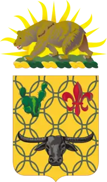 Shield: Or, chain mail Vert, in chief a prickly pear cactus of the last and a fleur-de-lis Gules and in base a carabao affronté Sable. Crest: That for the regiments and separate battalions of the California Army National Guard: On a wreath of the colors Or and Vert, the setting sun behind a grizzly bear passant on a grassy field all Proper.