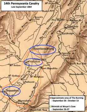 map showing Harrisonburg, Mt Crawford, and Staunton, Weyer's Cave, and region of "The Burning"