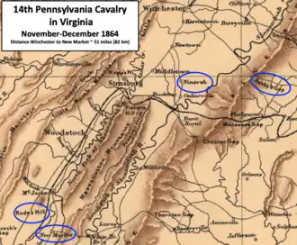 map showing New Market, Rude's Hill, Massanuiton Mountains, Nineveh, and Ashby's Gap