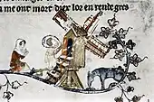 Medieval illustration of a sunk post mill.