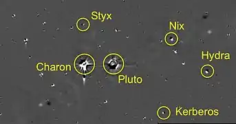 Long range view with Pluto and moons circled. (stars processed out)