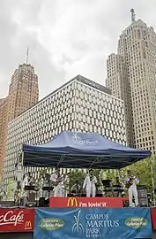 A naval band performing outside the Qube in August 2015