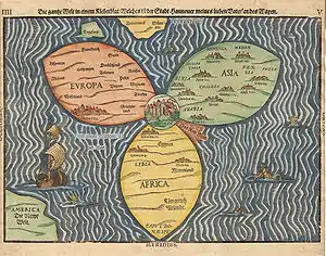 Bünting Clover Leaf Map. A 1581 woodcut, Magdeburg. Jerusalem is in the center, surrounded by Europe, Asia and Africa.