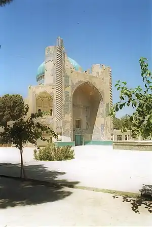 Ruins of the Green Mosque (Dari: مَسجدِ سَبز, romanized: Masjid-i Sabz) Pashto شین جومات romanized: |sheen Jumat}} [citation needed] named for its green-tiled Gonbad (Dari: گُنبَد, dome), in July 2001