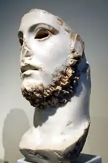 Remnants of a Roman bust of a youth with a blond beard, perhaps depicting Roman emperor Commodus (r. 177–192), National Archaeological Museum, Athens