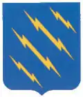 a blue shield with 4 diagonal yellow lightning bolts emblazoned across it