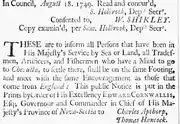 Newspaper item encouraging British settlement in Chebucta, Nova Scotia, 1749