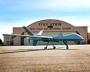 An MQ-9A Reaper of the 174th Attack Wing on tarmac at Hancock Field ANGB.