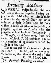 Advertisement for Gullager's "drawing academy," "at his house on Tremont Hill," Boston, 1792