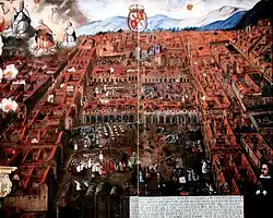 An anonymous 17th-century painting depicting the city of Cusco during the 1650 earthquake, as buildings crack apart. Christ of the Earthquakes is shown in the left foreground, carried in a procession. The sculpture is held permanently in the Cusco Cathedral.
