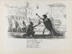 This caricature that satirizes the Regency period of the Empire of Brazil (1831–1840) was made by Porto-Alegre, and is considered to be the first Brazilian editorial cartoon ever