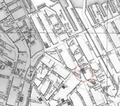 Detail of 1846 map of Boston, showing National Theatre at corner of Portland St. and Traverse St.