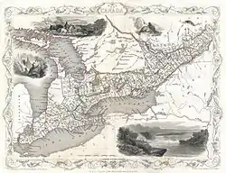 Map of Canada West in 1850, with the Huron District outlined in brown.
