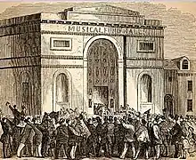 Image 10A woodcut illustration of the crowd at the first Republican National Convention in 1856 at Musical Fund Hall at 808 Locust Street in Philadelphia (from History of Pennsylvania)