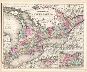 Canada West in 1857. Huron County is marked in light pink.