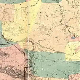 1858 War Department map of the Great Plains; Fort Laramie is marked with a red flag, Wounded Knee Creek is visible between the S and the K in Nebraska