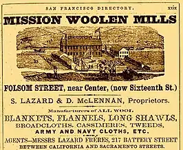 Advertisement showing Mission Woolen Mills located in the city of San Francisco in the year 1863.