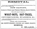 Advertisement for C. Blake, manufacturer of what-nots and hat-trees, 1868