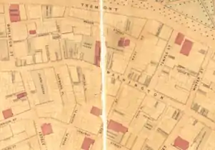Detail of 1869 map of Boston, showing Boston Theatre on Washington Street