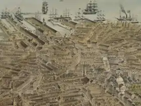 Overview of wharves, 1870 (India Wharf 3rd from left)