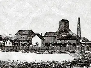 The workshops at the Saint-Joseph shaft; behind, the headframe and chimney c. 1884.