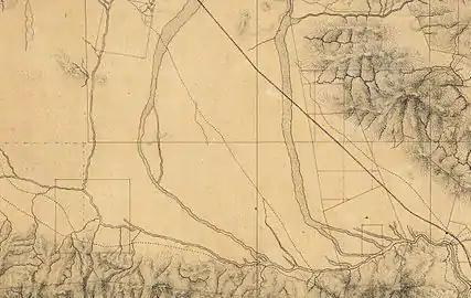 1880 manuscript map of the southeastern San Fernando Valley, with Rancho Los Encinos at the lower left and the Los Angeles River running southeast through the property.
