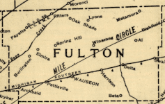 1890 railroad map. Emery would be located near the "U" in "Fulton," just southwest of "Spring Hill." Note that Beta, another extinct town in Fulton County, is also drawn on the map.