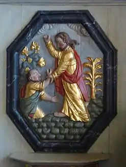 Part of the altarpiece in the north of the chapel.  Saint Peter tries to assist Jesus as he walks on water.