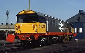 Railfreight Red Stripe livery, shown on a new Class 58 in August 1984.