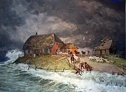 Alexander Eckener: Warft of a Hallig during a storm tide, 1906