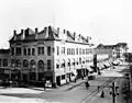 1908 Raymond and Fair Oaks Pasadena, with the Street Car Rail on both streets, with Pasadena National Bank building.