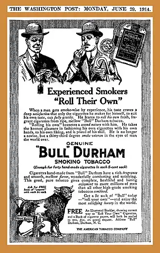 This 1914 display ad appealed to the experienced smoker—the "thirty-third degree smoke veteran"—touting the "satisfaction" derived only from making one's own cigarettes, calling the product "good, pure" tobacco that gives "complete, healthful and lasting enjoyment".