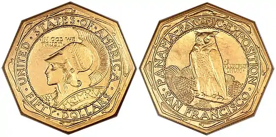 $50 octagonal gold commemorative coin by Robert Aitken