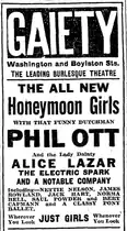 Advertisement, 1915: "Honeymoon Girls with that funny Dutchman Phil Ott and the lady dainty Alice Lazar the electric spark"