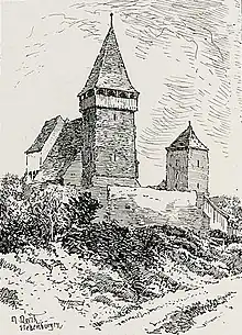 A sketch of the medieval Evangelical Lutheran Transylvanian Saxon fortified church of Brateiu/Pretai by Albert Reich