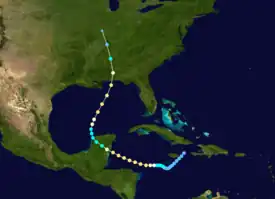 Map of the track and intensity of the storm, beginning in the Caribbean Sea and curving into the Gulf of Mexico before tracking over the United States