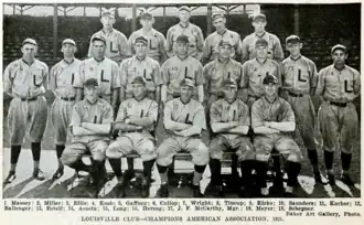 Nineteen men in light baseball uniforms
