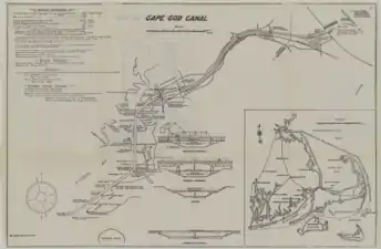 A 1922 map of the Cape Cod Canal, showing bridges, mooring points, and other features