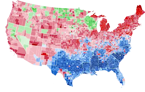 Results by county, shaded according to winning candidate's percentage of the vote