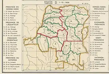 1926 provinces and districts. Congo-Kasai Province stretching east from the Congo's mouth