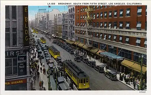 West side of Broadway south from 5th St., Walker's department store, Los Angeles Railway "Yellow Cars", 1927 postcard