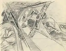A graphite drawing on coarse-weave paper. The view inside the keel corridor; a series of V-shaped trellis girders are coming down from the structural members above. At their apex they support a narrow walkway. Along the walkway are small beds, each one with a large fabric hood at the head end. We can see one on the left and three on the right. The nearer ones are occupied by resting crewmen. At the let, behind a dark shape, a man is leaning forwards.