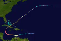 The track of the 1932 Cuba hurricane, with the track beginning at bottom-center, tracing towards the left and then curving to the upper-right corner of the image.