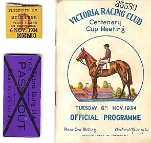 1934 VRC Melbourne Cup racebook with train & turnstile passes.